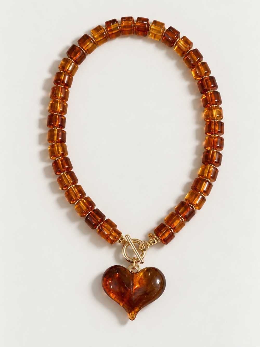 New! Amber Brown Lucite Beaded Heart Necklace NWOT 3034